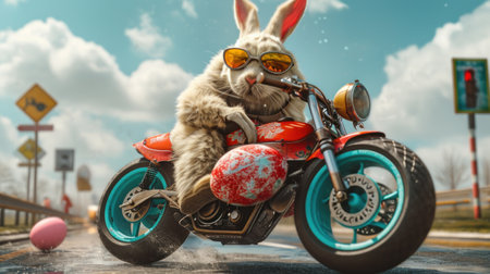 Biker rabbit sitting on a motorcycle and wearing sunglasses. 3d rendering.の素材