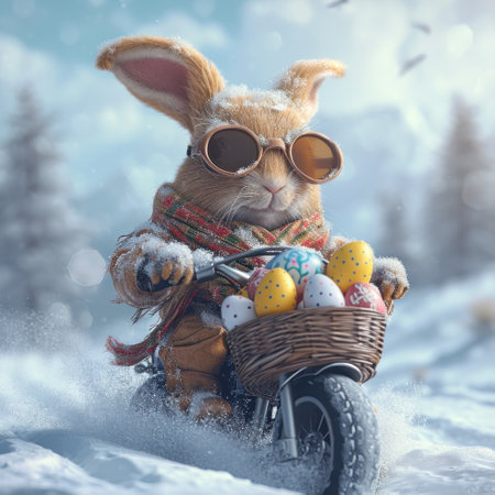 Easter bunny with basket full of colorful eggs in snowy winter forestの素材