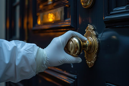 Hand in white glove holding golden door knob, close-up.の素材