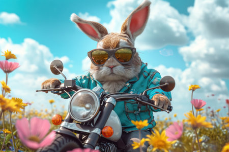 Rabbit on a motorcycle in the field of flowers. Easter concept.の素材
