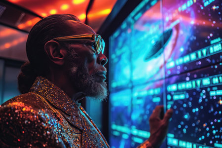 Portrait of a bearded African-American man in a gold jacket and glasses. He is looking at the monitor.の素材
