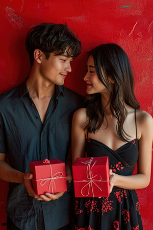 Beautiful young couple in love holding a red gift box and looking at each otherの素材
