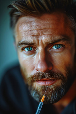 Close-up portrait of a bearded man with a syringe.の素材