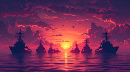 Military ships in the sea at sunset. 3d rendering illustration.の素材