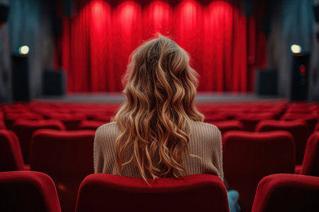 Rear view of a young woman sitting in a cinema auditoriumの素材