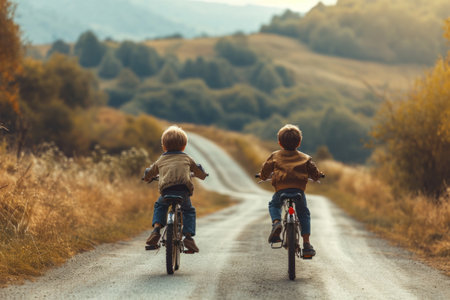 two little boys riding bikes on the road in the autumn forest.の素材