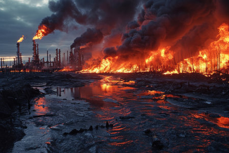Burning petrochemical plant in oil and gas industry. Global warming conceptの素材