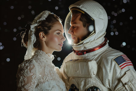 Portrait of a loving couple in the space suit on a background of stars.の素材