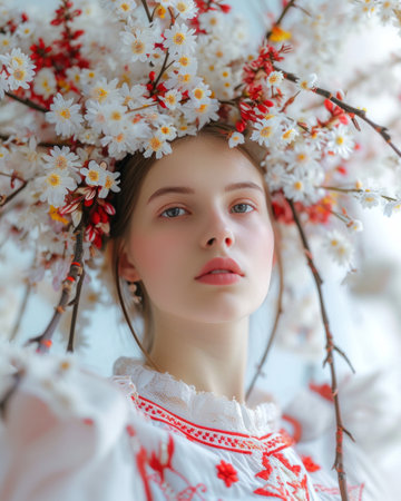 portrait of a girl in a wreath of cherry blossomsの素材