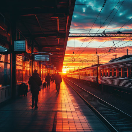 Train station at sunset. Railway station in Prague, Czech Republic.の素材