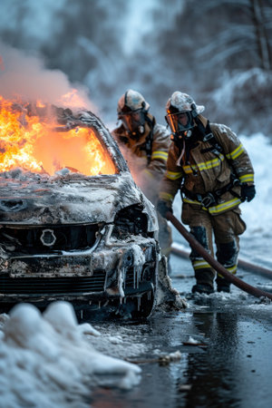 Firefighters extinguish a fire in a car on a winter dayの素材