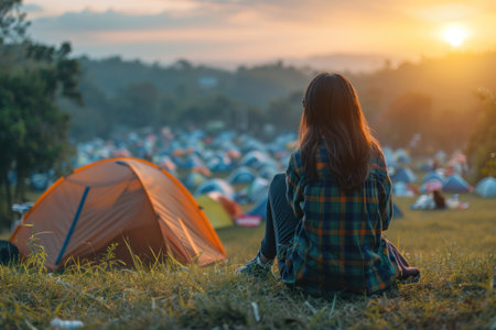 Young asian woman sitting on the grass and camping in the morning.の素材