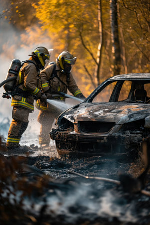 Firefighters extinguish a fire in an old car in the forestの素材