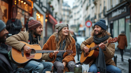 Group of friends playing guitar on the street in Paris, France.の素材