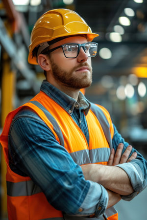 Portrait of confident male engineer in hardhat and glasses standing with arms crossed in warehouseの素材
