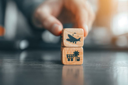 Wooden blocks with the image of a bird and a palm treeの素材