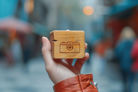 Female hand holds a wooden block with a photo camera on the background of the cityの素材