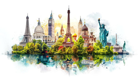 Famous monuments of the world on watercolor illustration painting background, travel textureの素材