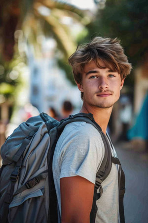 Portrait of a handsome young man with backpack standing in the streetの素材