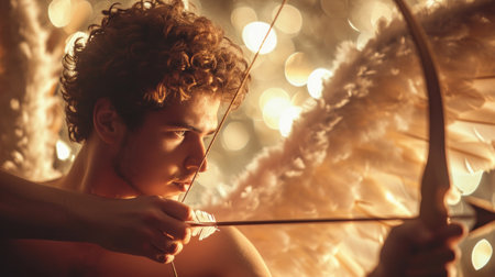 Cute boy with bow and arrow against defocused lights, closeupの素材