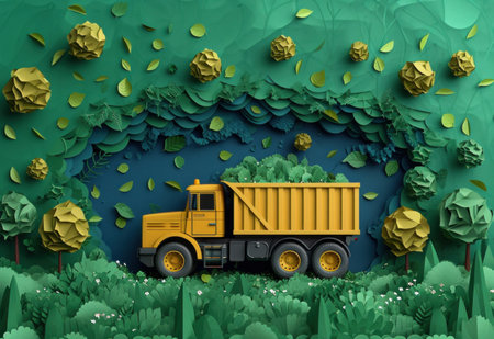 Truck in the forest. 3d illustration. Green background.の素材
