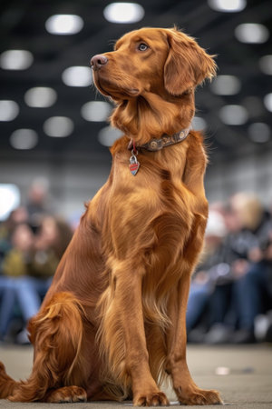 Portrait of a purebred Irish Setter dog at the exhibition.の素材