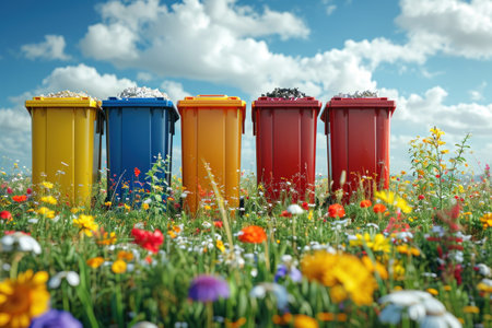 Colorful garbage bins in the meadow with flowers and blue skyの素材
