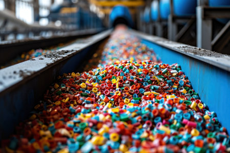 Railway tracks with multicolored plastic granules, industrial backgroundの素材