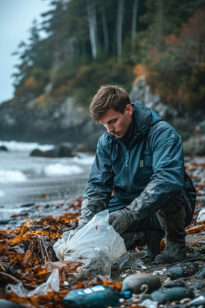 Young man collecting garbage on the seashore in autumn time.の素材