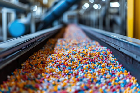A conveyor belt with multi-colored balls in a modern factoryの素材