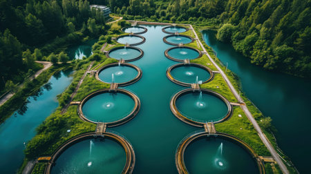Aerial view of a water treatment plant in Bavaria, Germanyの素材
