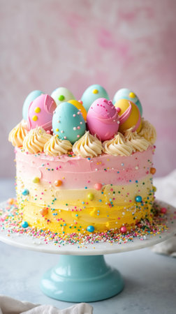 Easter cake with colorful eggs and sprinkles on a pink backgroundの素材