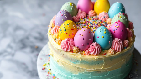 Easter cake with multicolored eggs on a white marble backgroundの素材