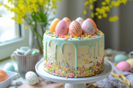 Easter cake with colored eggs and spring flowers on the windowsillの素材