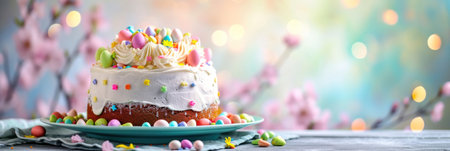 Easter cake with multicolored eggs on a light background.の素材