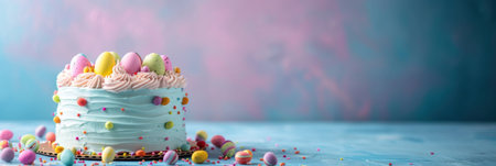 Easter cake with chocolate eggs and sprinkles on blue background.の素材
