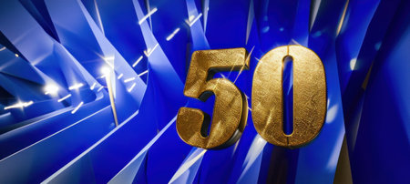 50 Years Anniversary Celebration Gold Number on Blue Background with Sparkles - 3D Illustrationの素材