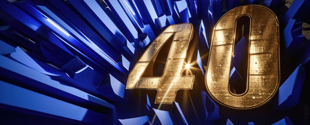Number 40 gold on blue background. 3D illustration. 3D CG. High resolution.の素材