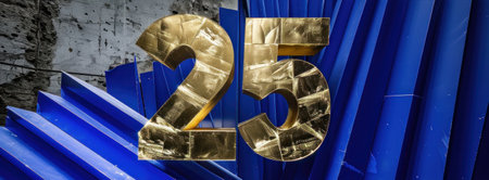 Number twenty-five gold on a blue background. Anniversary celebration. Banner.の素材
