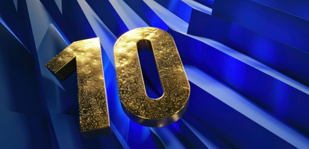 10th Years Anniversary Celebration Gold Number on Blue Background. 3D Renderの素材