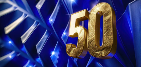 Number 50 gold on blue background. 3D illustration. Golden number fifty on blue background.の素材