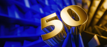 Number 50 on blue background. 3D illustration. 3D CG. High resolution.の素材