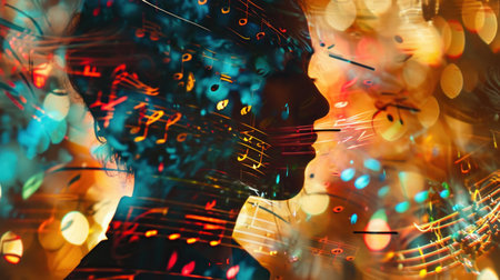 Double exposure of man and woman face with musical notes on abstract background.の素材