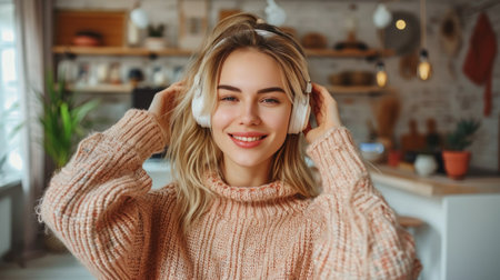 Portrait of beautiful young woman in headphones listening to music at homeの素材