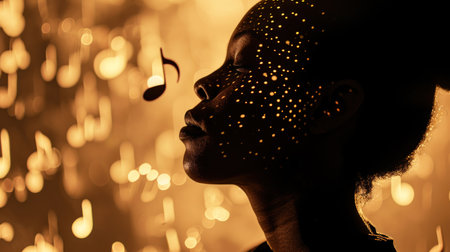 Close-up portrait of a beautiful african american woman with golden glitter on her faceの素材