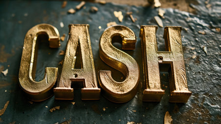 The word Cash written in golden letters on a dark rustic backgroundの素材