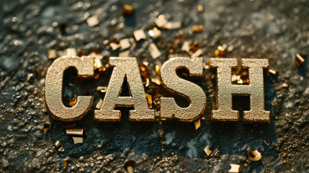 The word Cash written in golden letters on a dark background with gold confetti.の素材