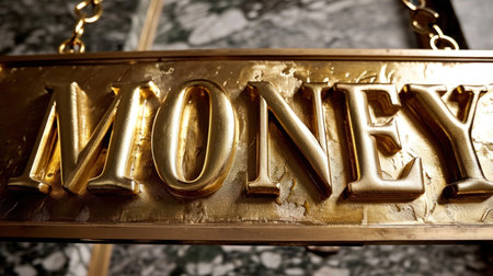 The word money made of gold letters on a golden metal background.の素材