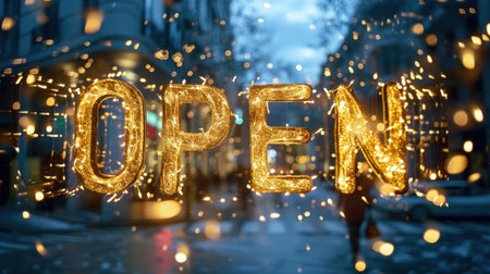 Open sign on the background of the city at night, bokehの素材