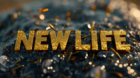 New Life Concept. Golden New Life Sign on Black Background. 3D Render.の素材